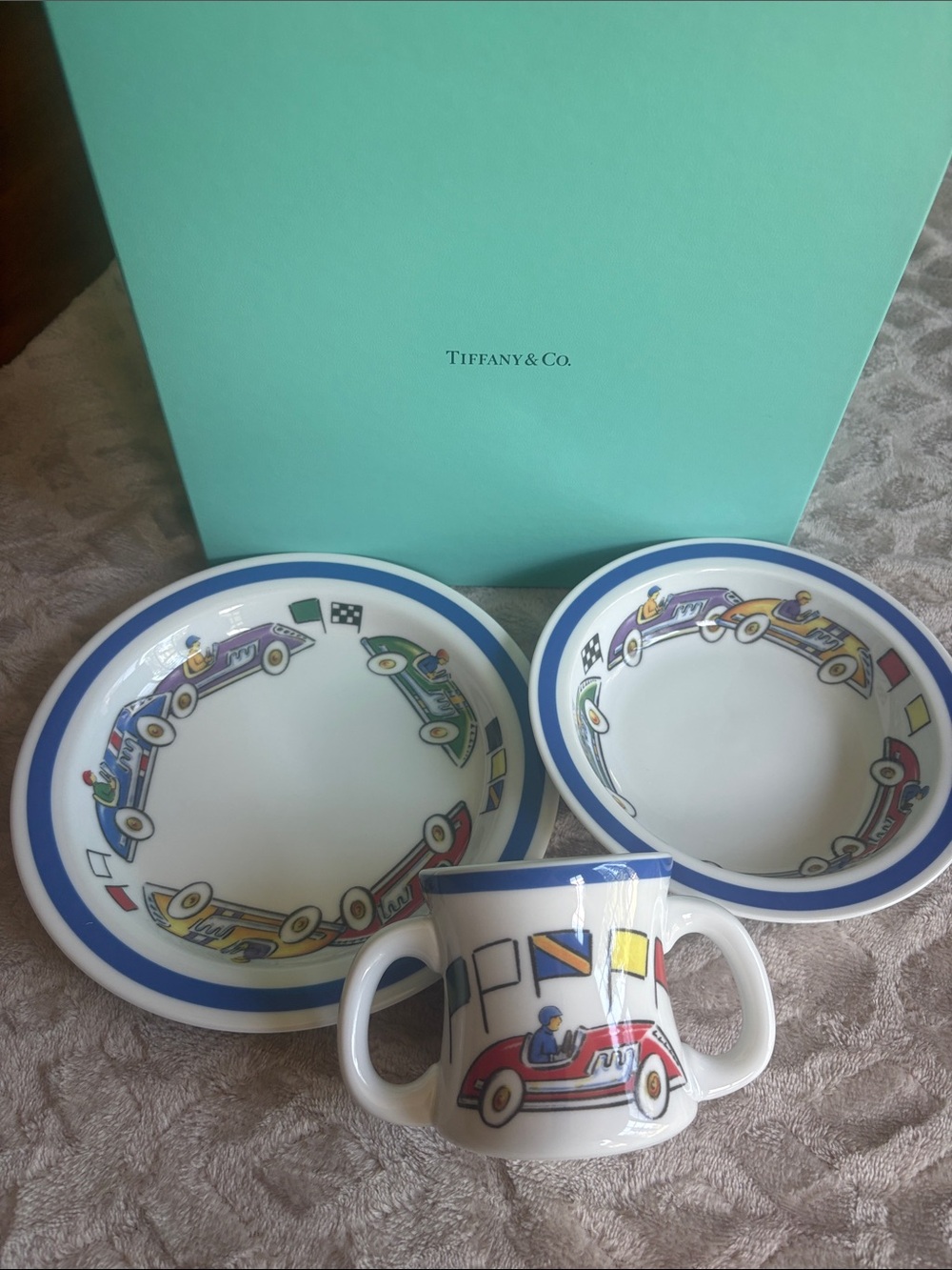 Vintage Tiffany & Co. Race Cars 3 Pc Children's Dinner Set